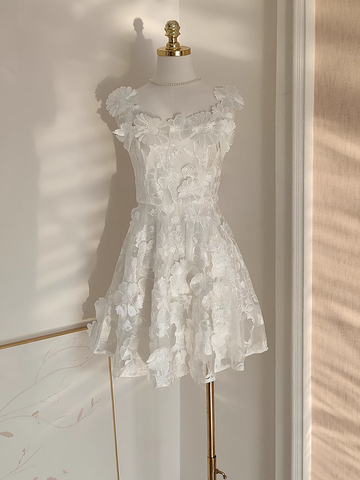 A line Straps Sleeveless Floral White Party Dress Short Holiday Dresses SD338